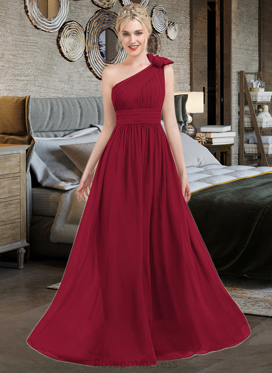 Alia A-Line One-Shoulder Floor-Length Chiffon Bridesmaid Dress With Ruffle Flower(s) SRSP0013069