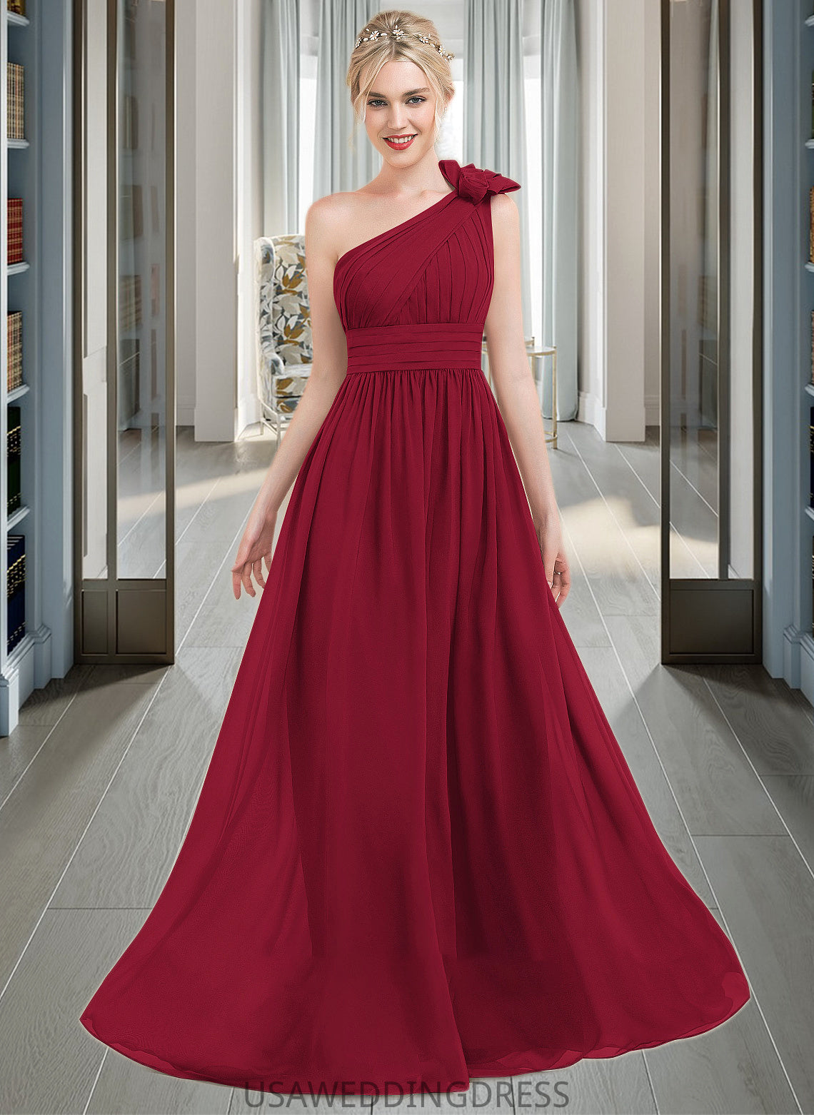 Ciara A-Line One-Shoulder Floor-Length Chiffon Bridesmaid Dress With Ruffle Flower(s) DSP0013069
