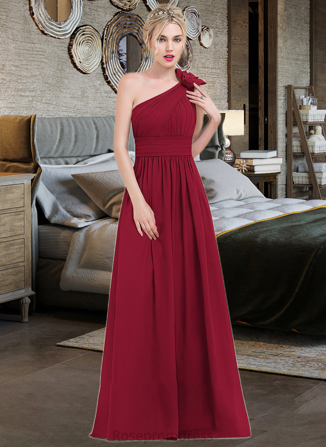 Alia A-Line One-Shoulder Floor-Length Chiffon Bridesmaid Dress With Ruffle Flower(s) SRSP0013069