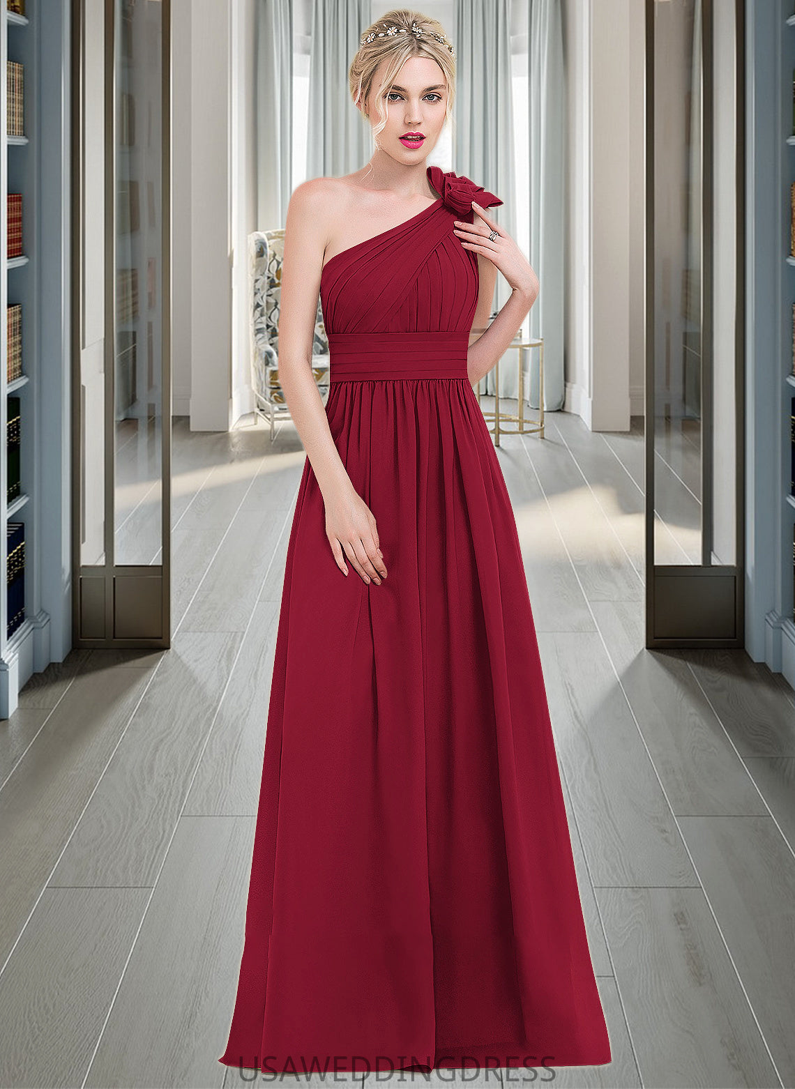 Ciara A-Line One-Shoulder Floor-Length Chiffon Bridesmaid Dress With Ruffle Flower(s) DSP0013069