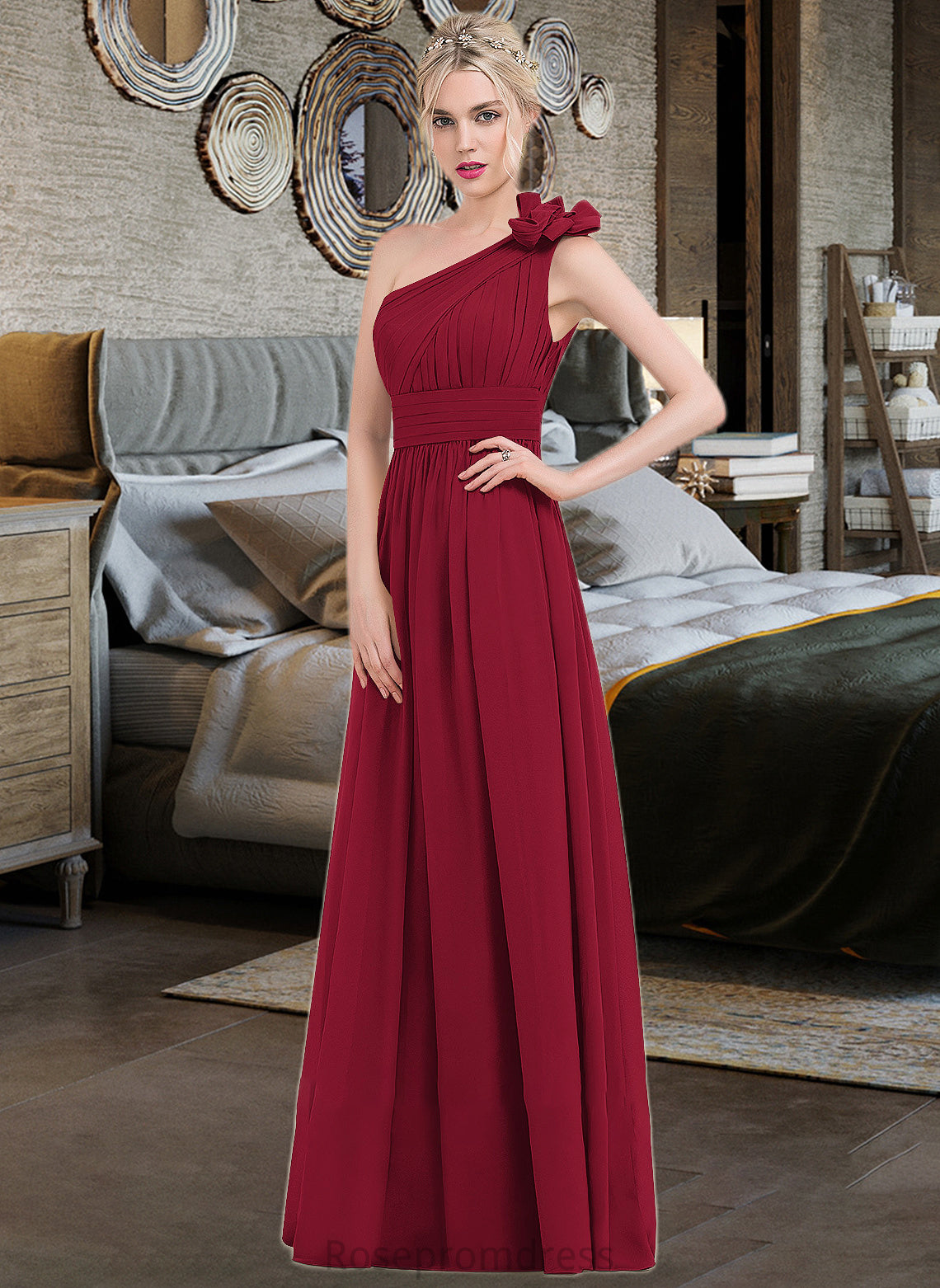 Alia A-Line One-Shoulder Floor-Length Chiffon Bridesmaid Dress With Ruffle Flower(s) SRSP0013069