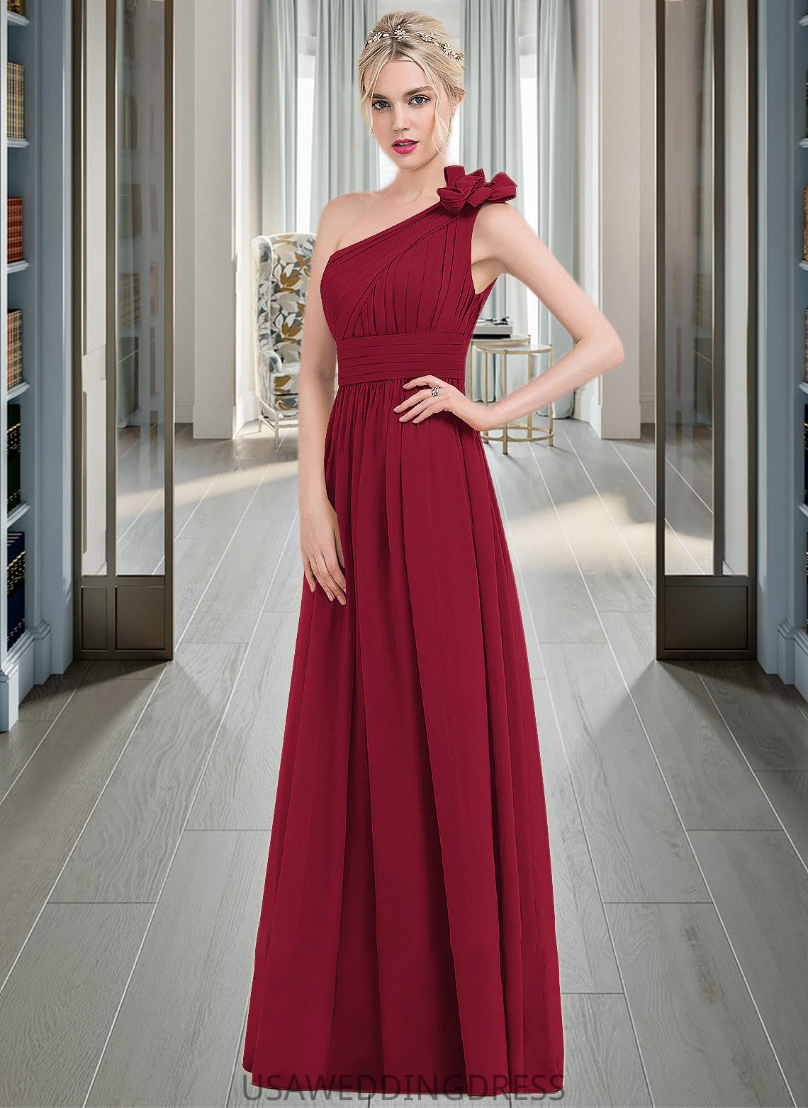Ciara A-Line One-Shoulder Floor-Length Chiffon Bridesmaid Dress With Ruffle Flower(s) DSP0013069