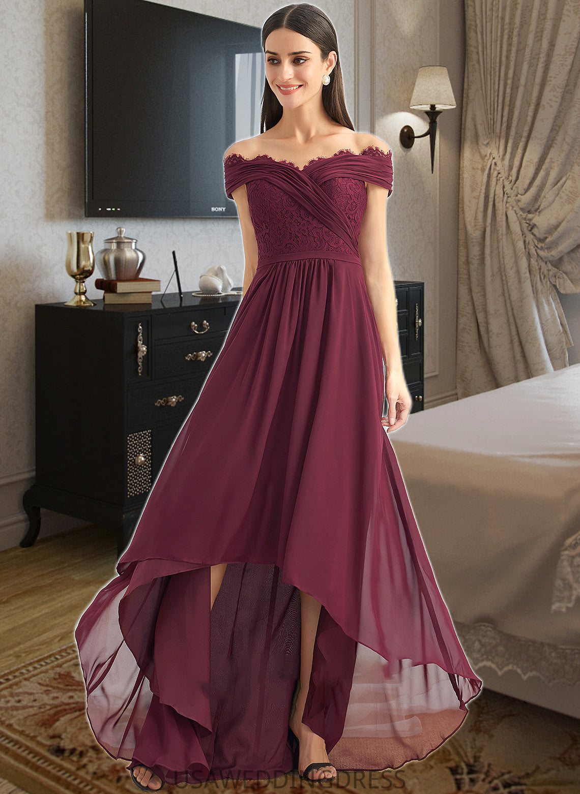Lily A-Line Off-the-Shoulder Asymmetrical Bridesmaid Dress With Lace DSP0013070