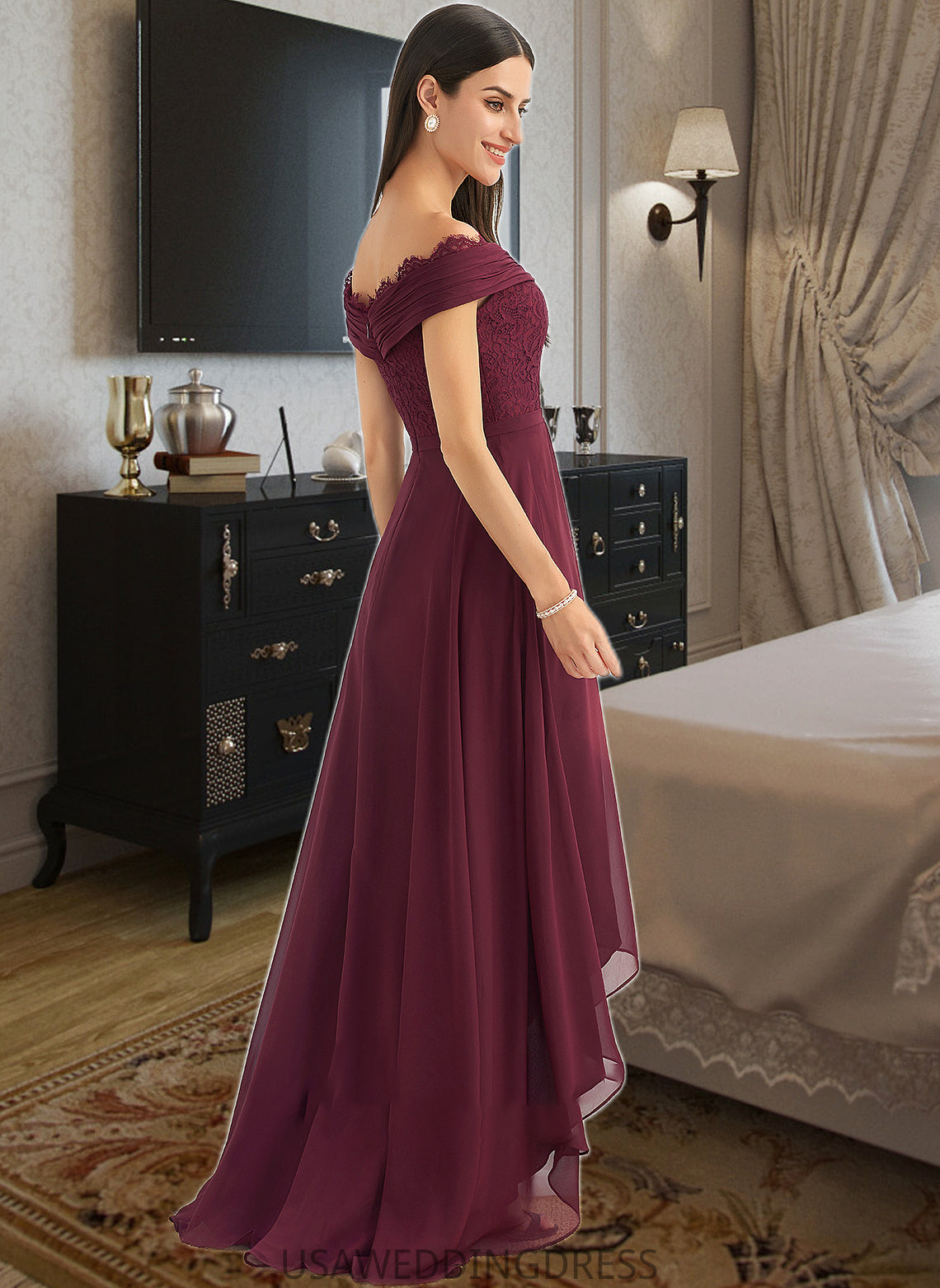 Lily A-Line Off-the-Shoulder Asymmetrical Bridesmaid Dress With Lace DSP0013070