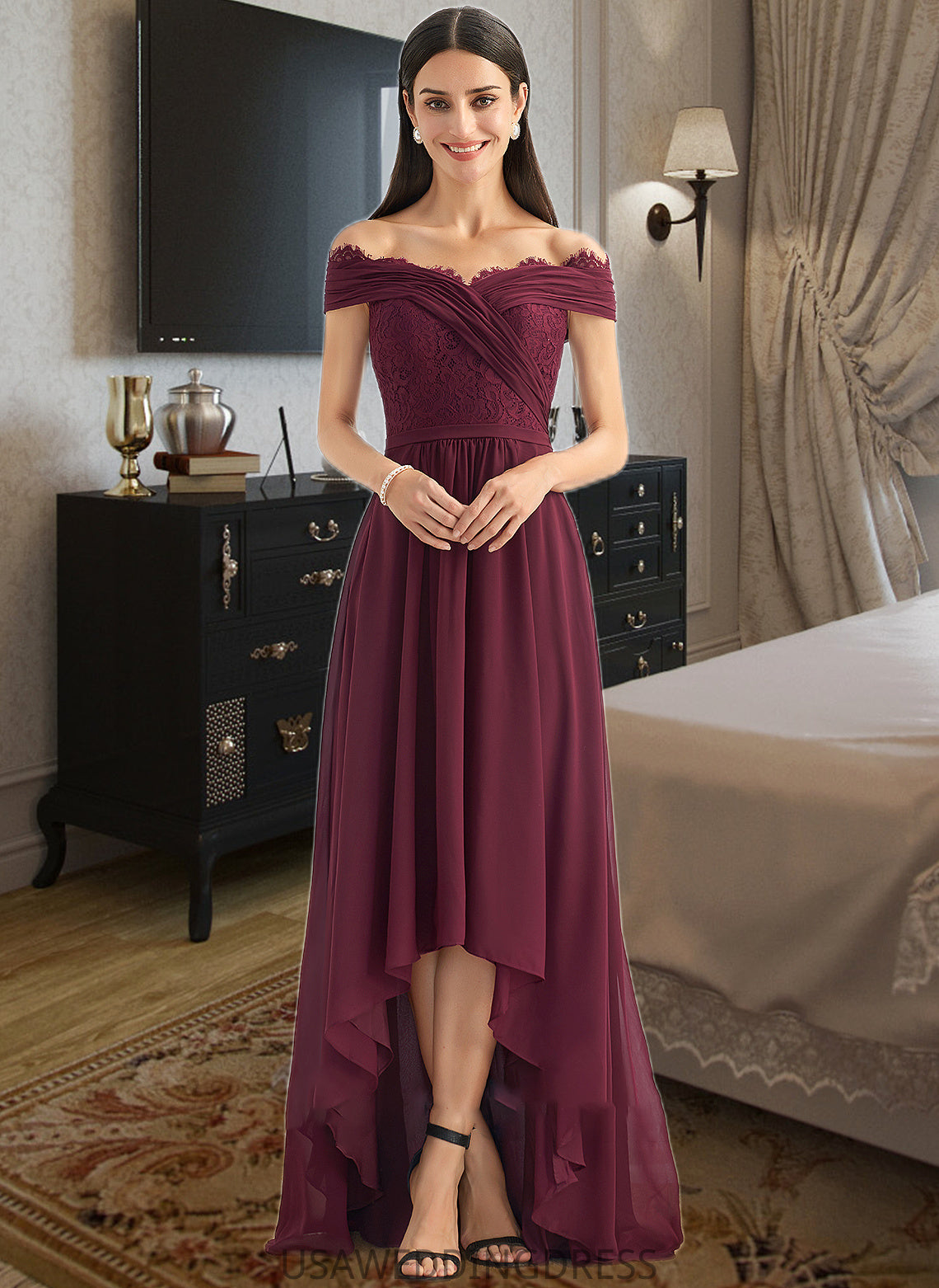 Lily A-Line Off-the-Shoulder Asymmetrical Bridesmaid Dress With Lace DSP0013070