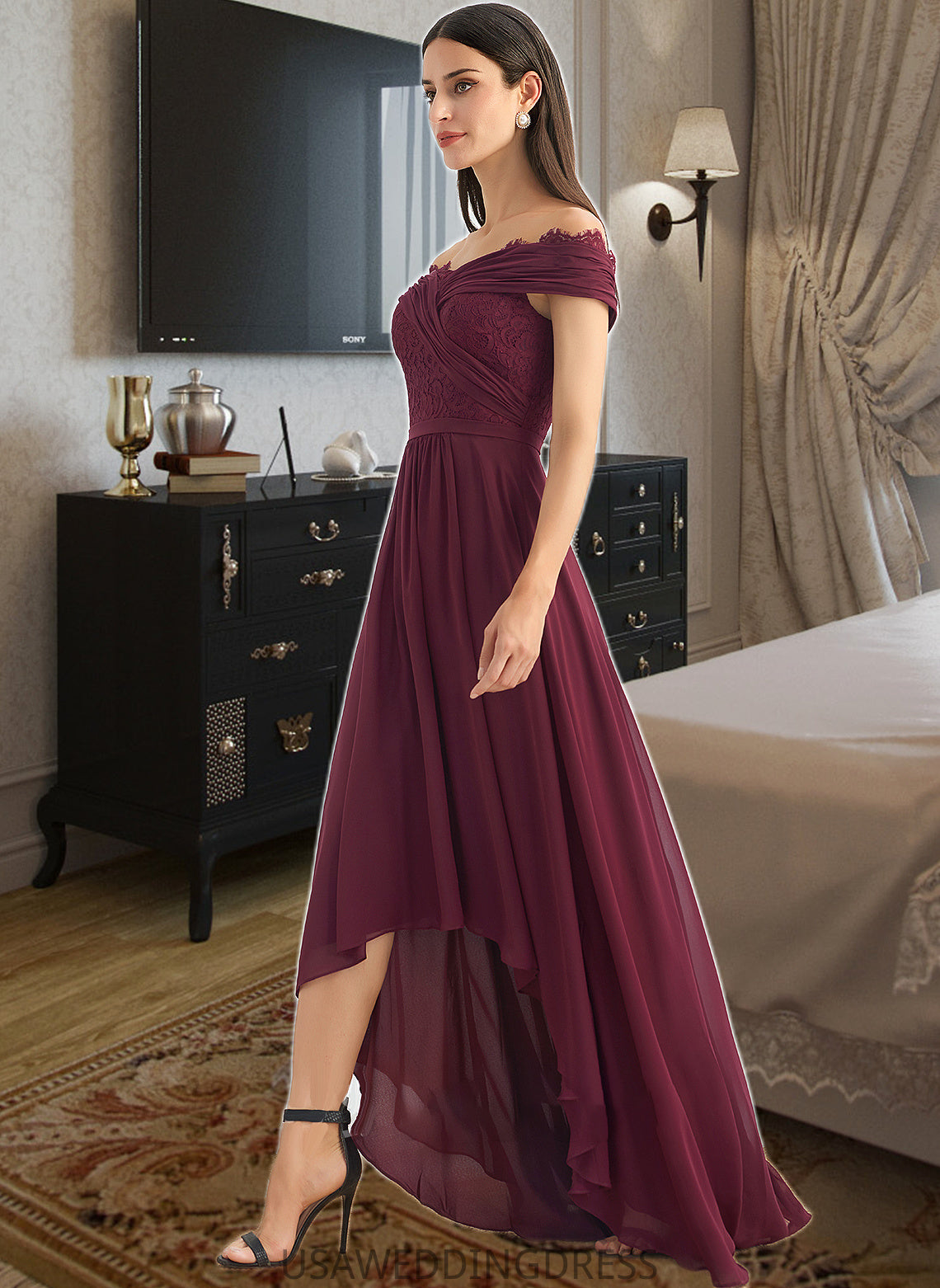 Lily A-Line Off-the-Shoulder Asymmetrical Bridesmaid Dress With Lace DSP0013070
