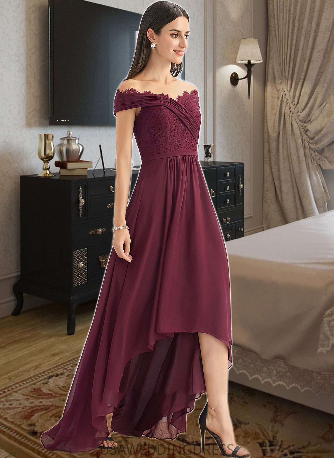 Lily A-Line Off-the-Shoulder Asymmetrical Bridesmaid Dress With Lace DSP0013070