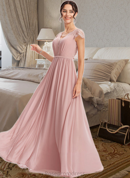 Yamilet A-Line V-neck Floor-Length Bridesmaid Dress With Lace SRSP0013071