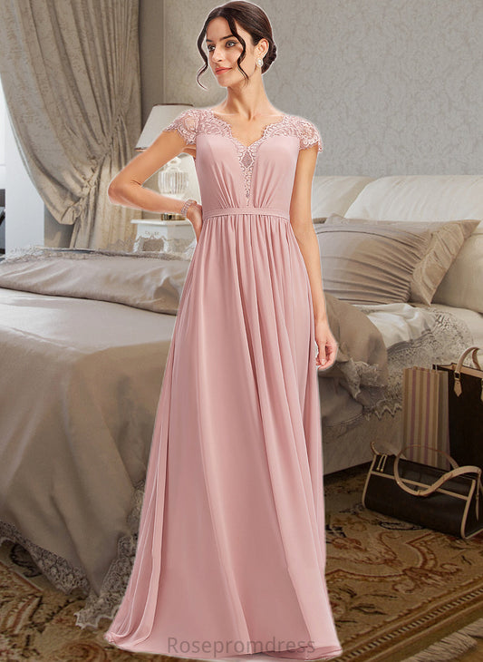 Yamilet A-Line V-neck Floor-Length Bridesmaid Dress With Lace SRSP0013071