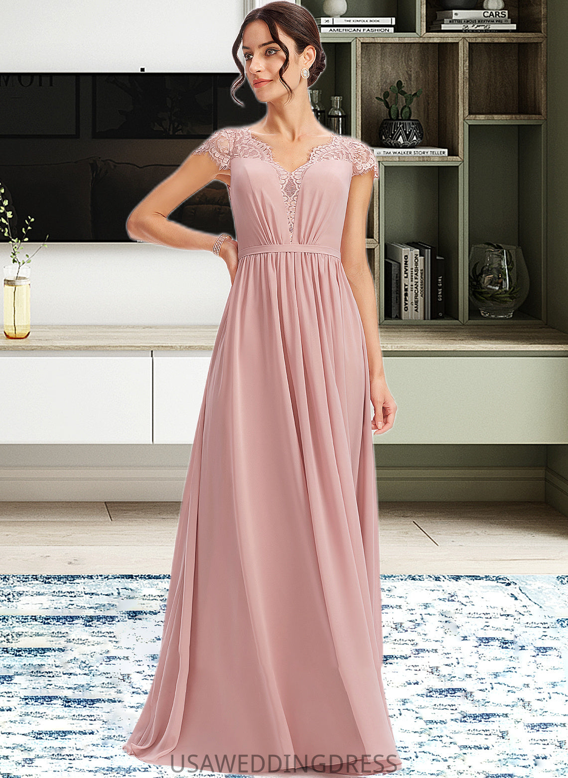 Willa A-Line V-neck Floor-Length Bridesmaid Dress With Lace DSP0013071
