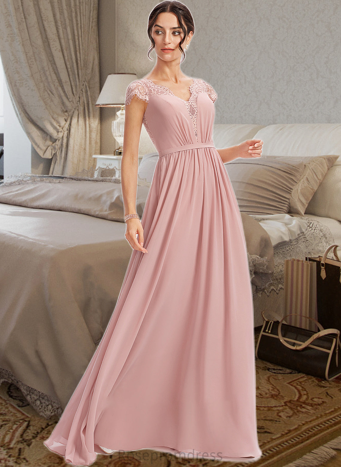 Yamilet A-Line V-neck Floor-Length Bridesmaid Dress With Lace SRSP0013071