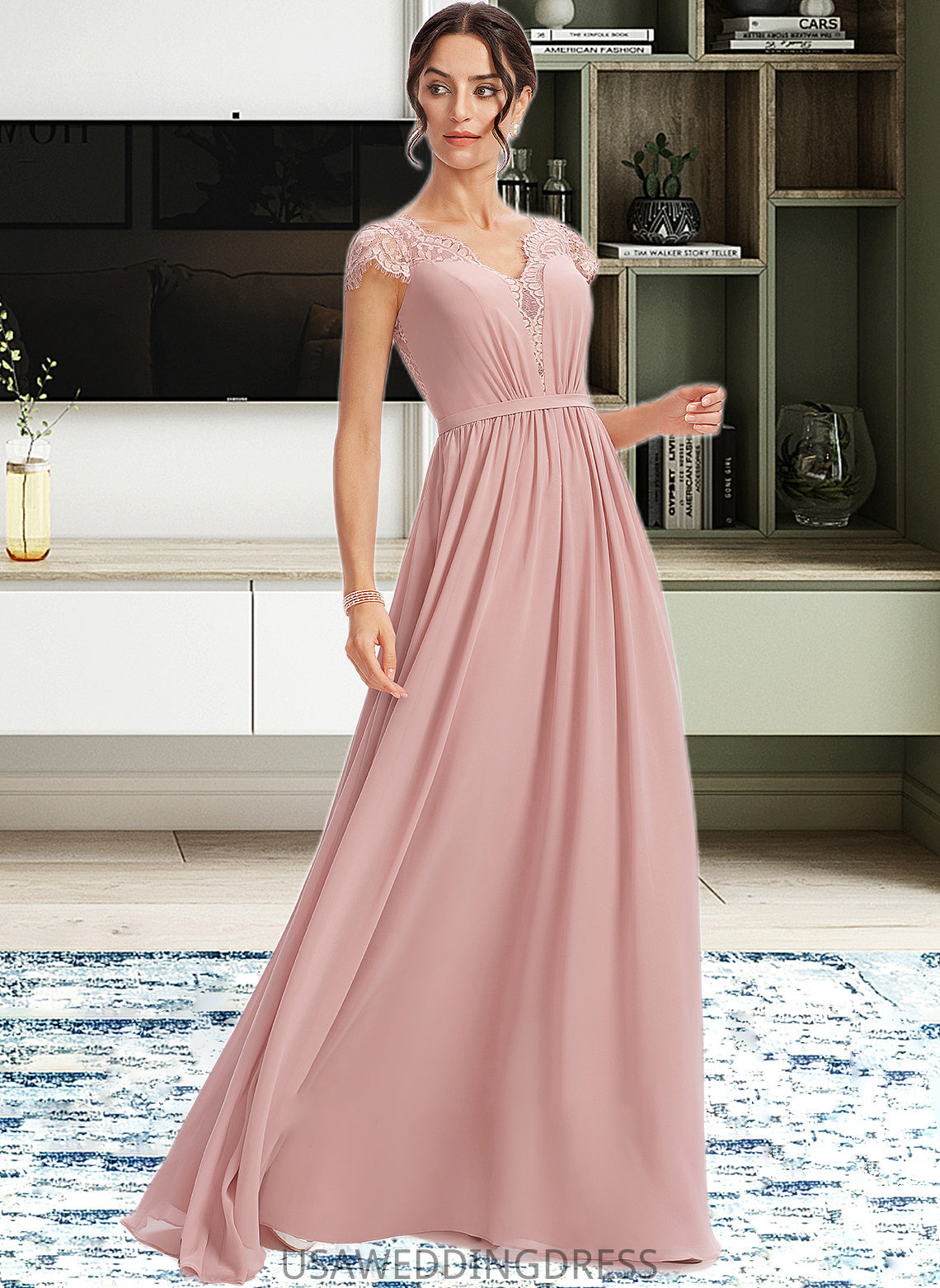 Willa A-Line V-neck Floor-Length Bridesmaid Dress With Lace DSP0013071