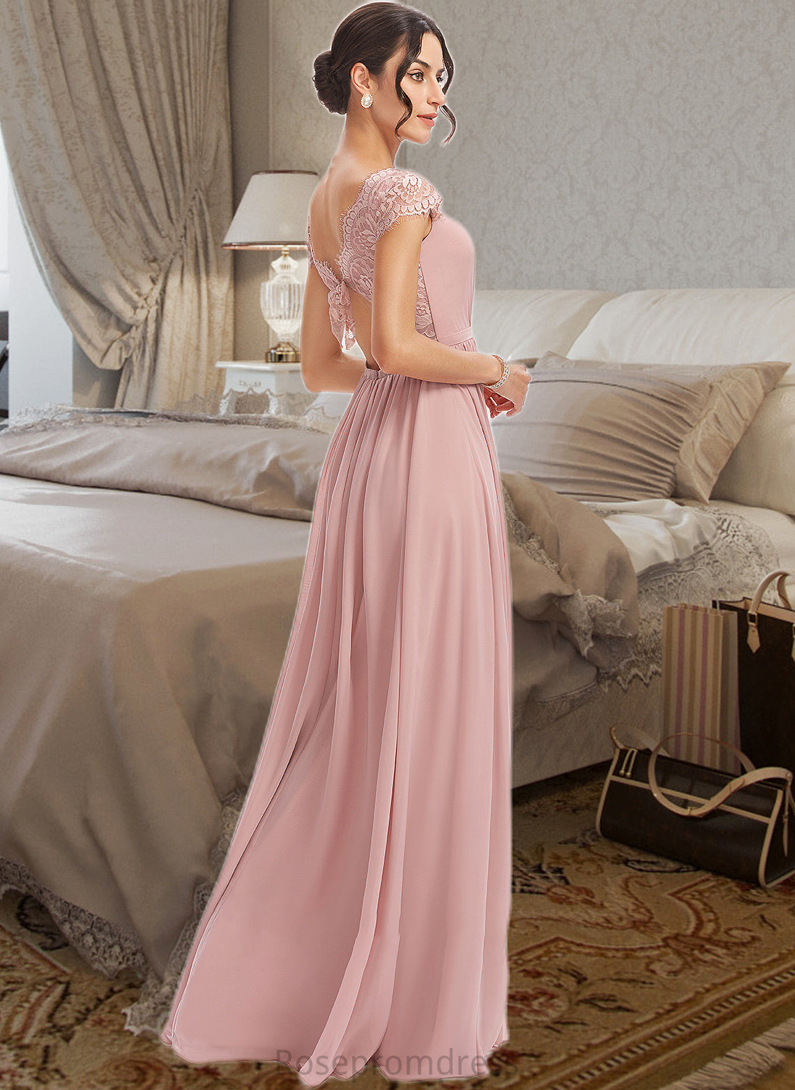 Yamilet A-Line V-neck Floor-Length Bridesmaid Dress With Lace SRSP0013071