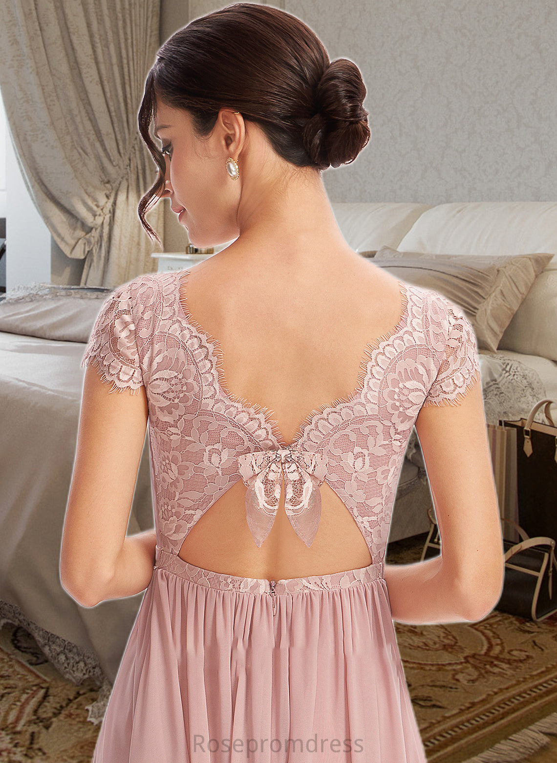 Yamilet A-Line V-neck Floor-Length Bridesmaid Dress With Lace SRSP0013071