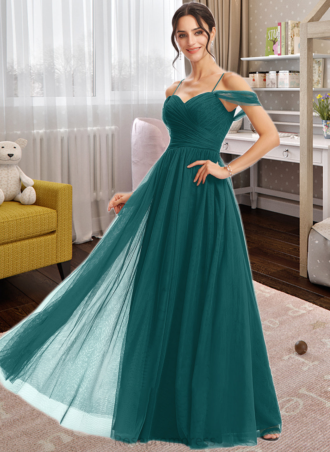 Asia A-Line V-neck Floor-Length Bridesmaid Dress With Ruffle SRSP0013072
