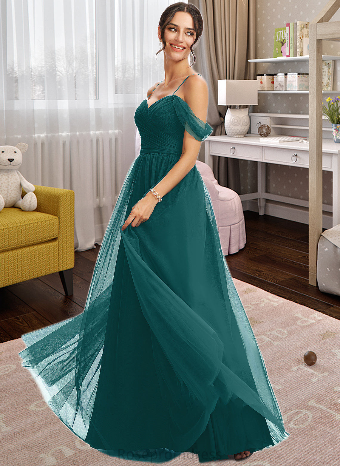 Asia A-Line V-neck Floor-Length Bridesmaid Dress With Ruffle SRSP0013072