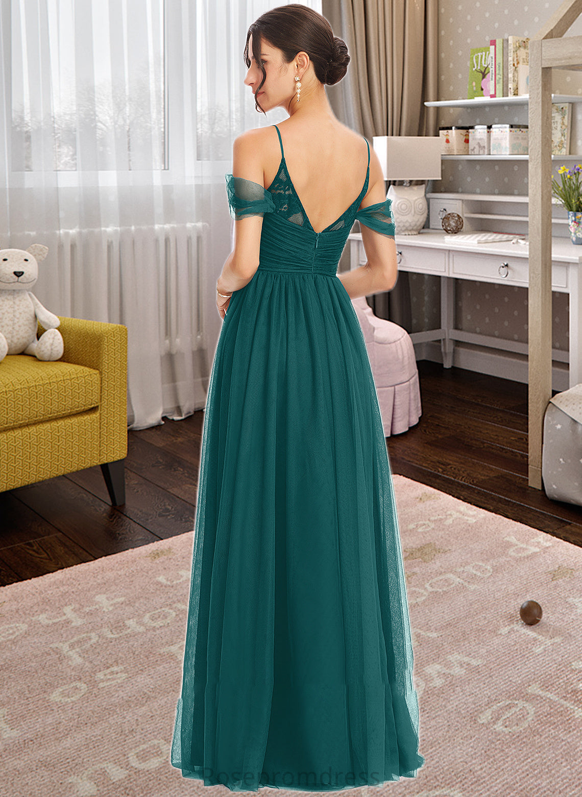 Asia A-Line V-neck Floor-Length Bridesmaid Dress With Ruffle SRSP0013072