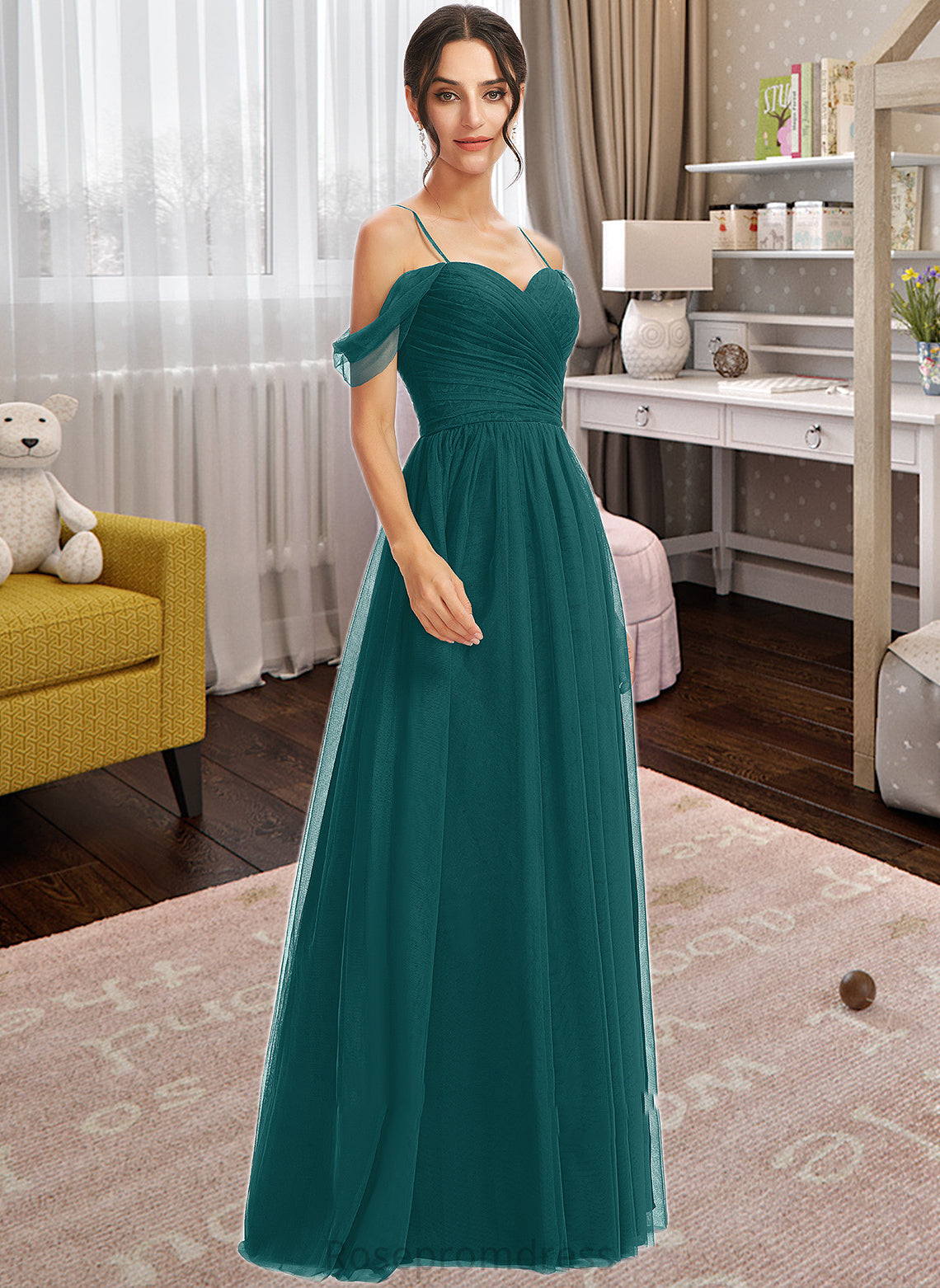 Asia A-Line V-neck Floor-Length Bridesmaid Dress With Ruffle SRSP0013072