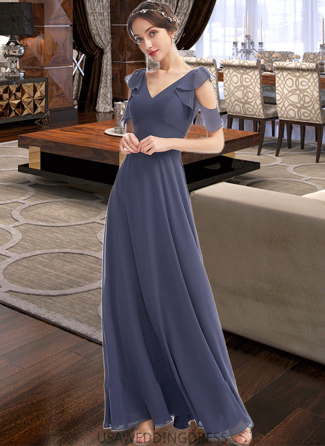 Essence A-Line V-neck Floor-Length Bridesmaid Dress With Ruffle DSP0013074