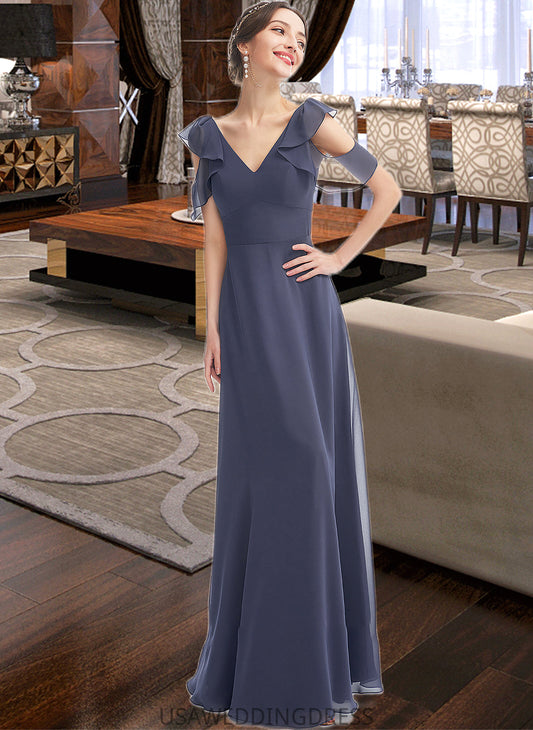 Essence A-Line V-neck Floor-Length Bridesmaid Dress With Ruffle DSP0013074