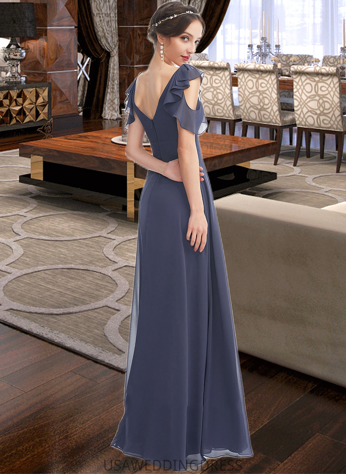 Essence A-Line V-neck Floor-Length Bridesmaid Dress With Ruffle DSP0013074