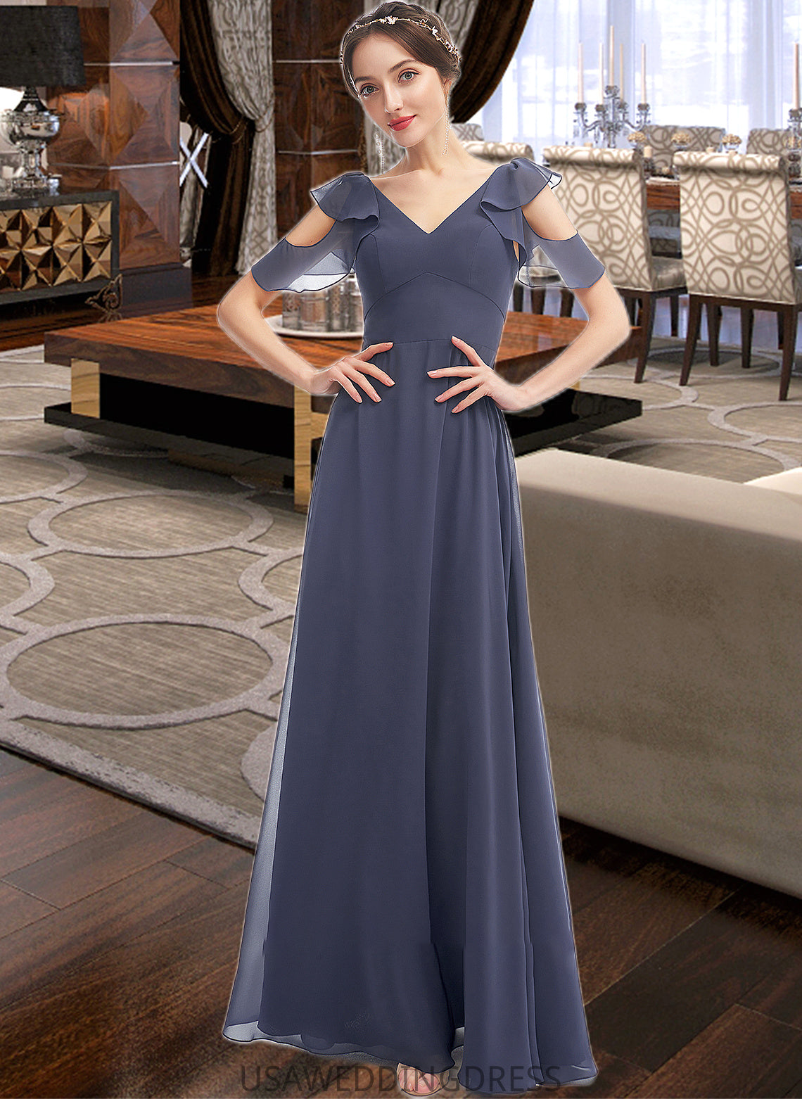 Essence A-Line V-neck Floor-Length Bridesmaid Dress With Ruffle DSP0013074