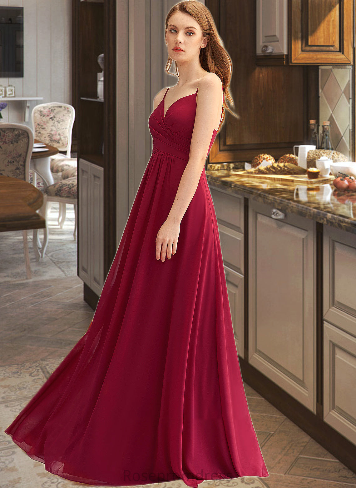 Savanah A-LineV-neckFloor-LengthChiffonBridesmaidDressWithRuffle#251386 SRSP0013076