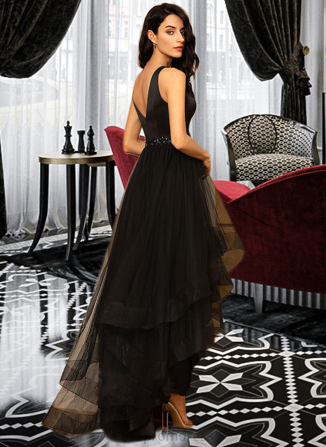 Cheyanne Ball-Gown/Princess V-neck Asymmetrical Tulle Bridesmaid Dress With Beading SRSP0013077