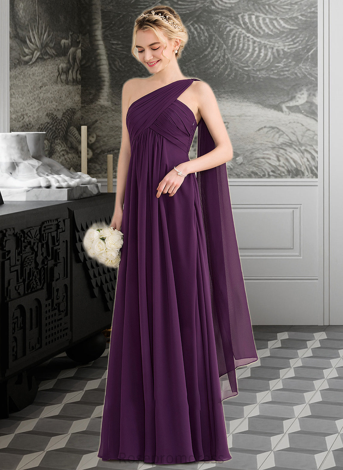Florence A-line One Shoulder Floor-Length Chiffon Bridesmaid Dress With Ruffle SRSP0013078