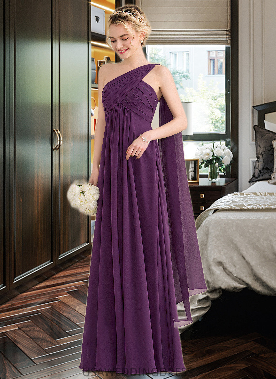 Lila A-line One Shoulder Floor-Length Chiffon Bridesmaid Dress With Ruffle DSP0013078