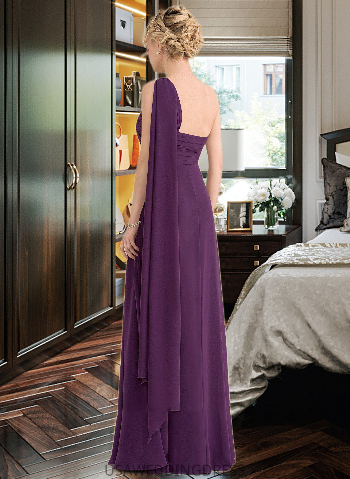 Lila A-line One Shoulder Floor-Length Chiffon Bridesmaid Dress With Ruffle DSP0013078