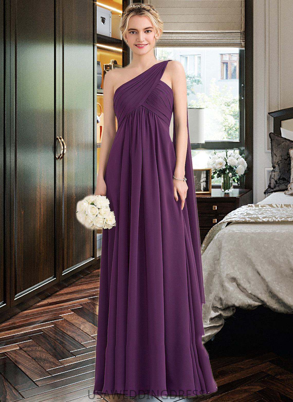 Lila A-line One Shoulder Floor-Length Chiffon Bridesmaid Dress With Ruffle DSP0013078