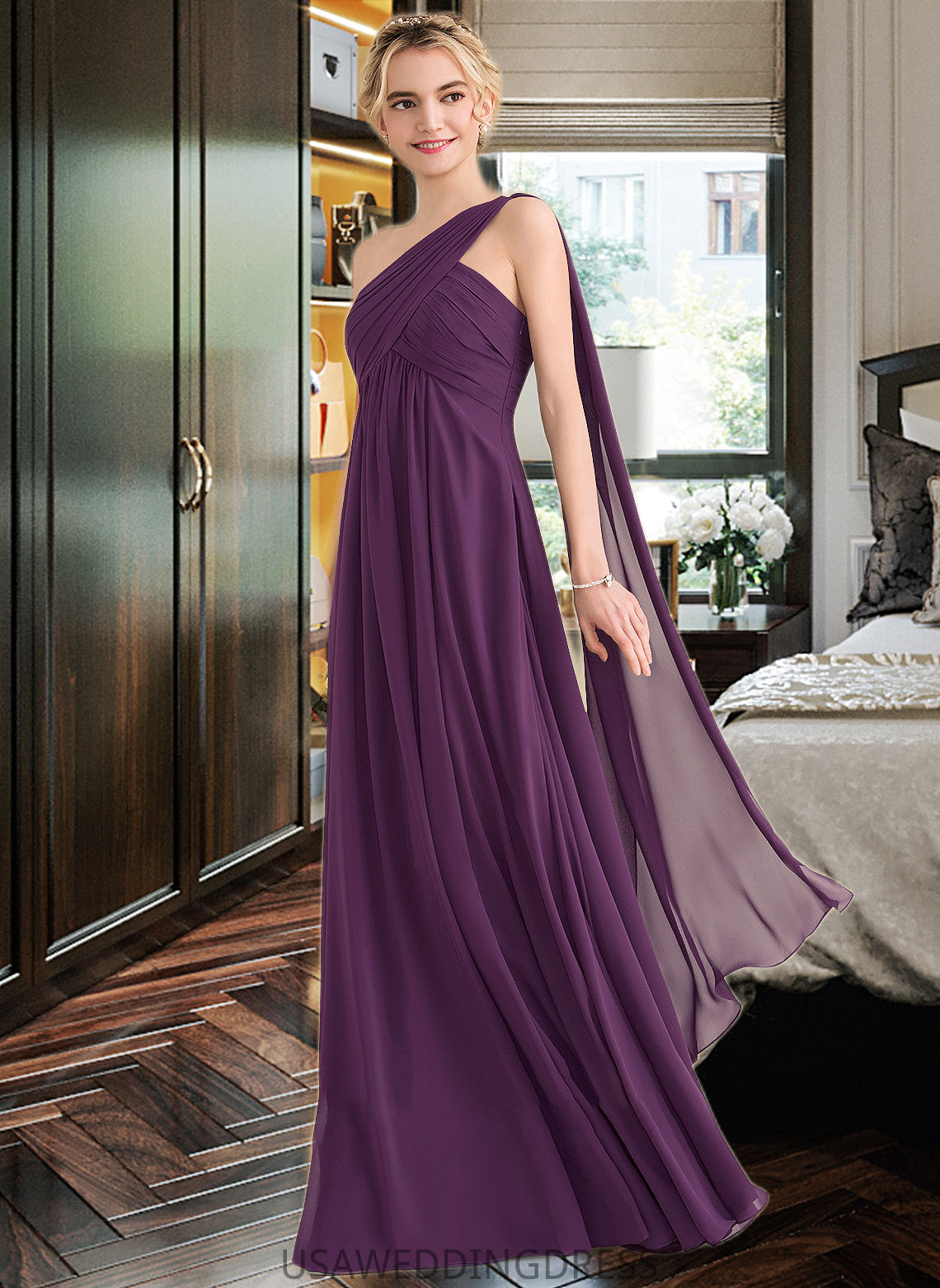 Lila A-line One Shoulder Floor-Length Chiffon Bridesmaid Dress With Ruffle DSP0013078