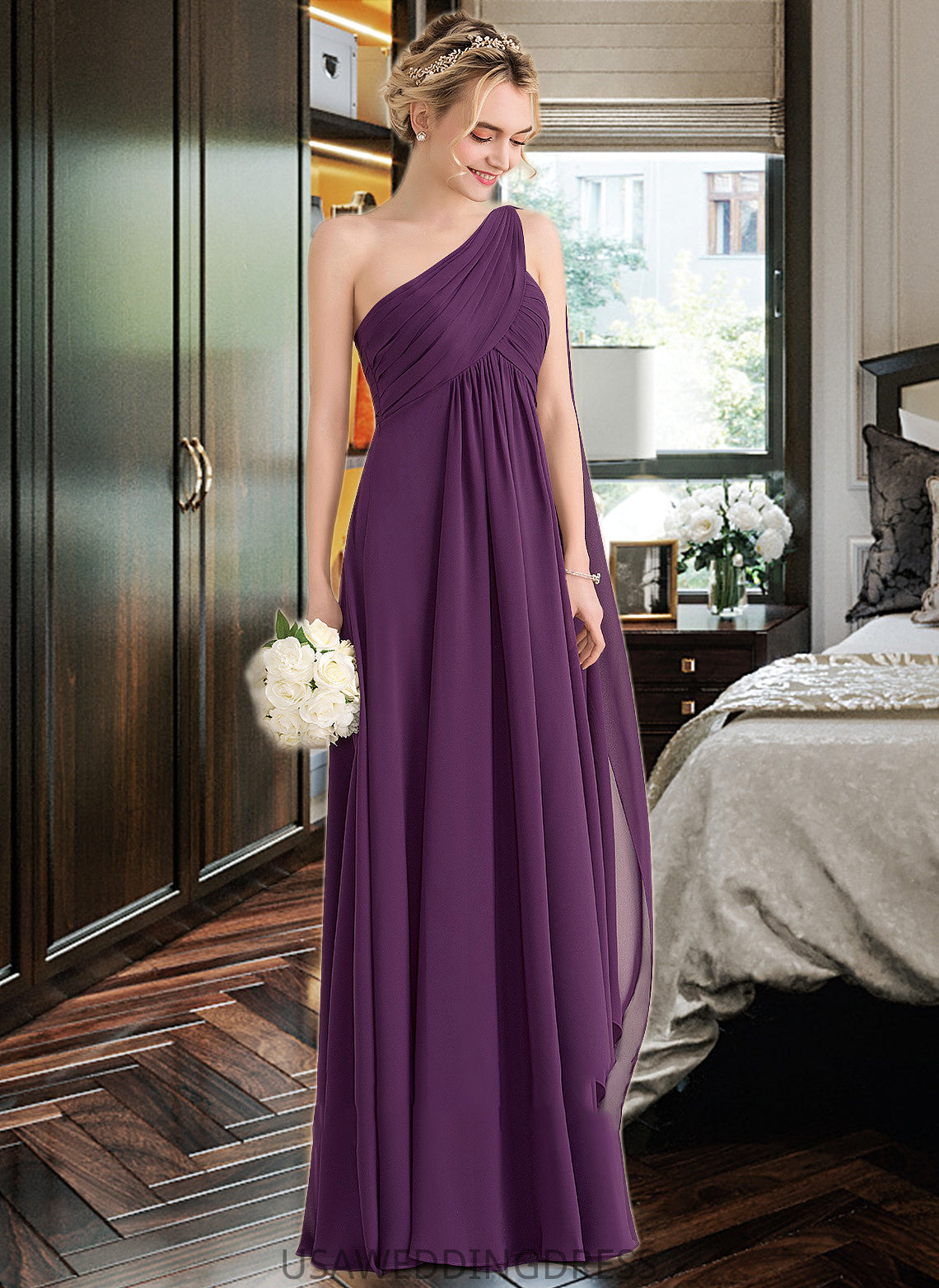 Lila A-line One Shoulder Floor-Length Chiffon Bridesmaid Dress With Ruffle DSP0013078