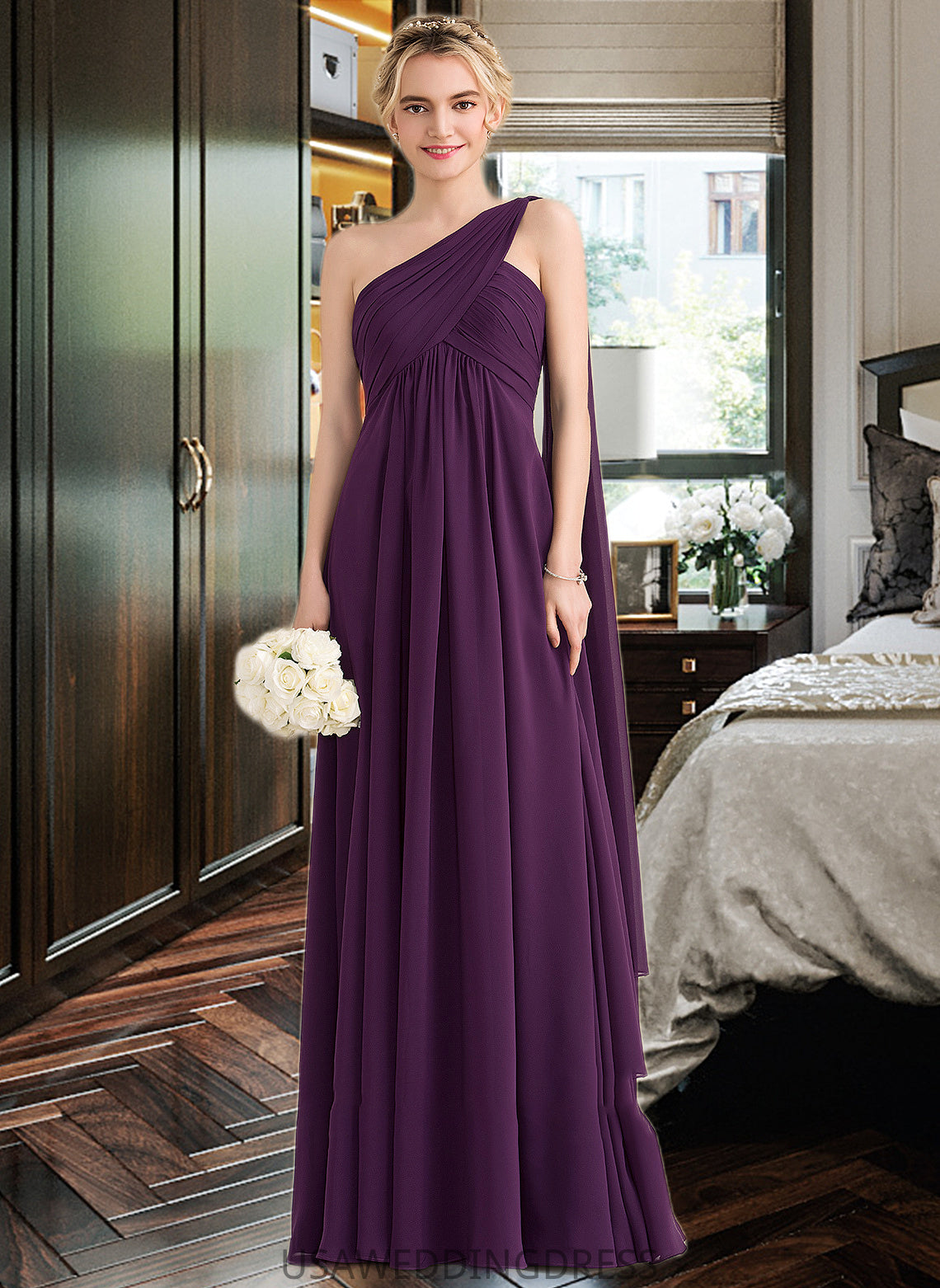 Lila A-line One Shoulder Floor-Length Chiffon Bridesmaid Dress With Ruffle DSP0013078