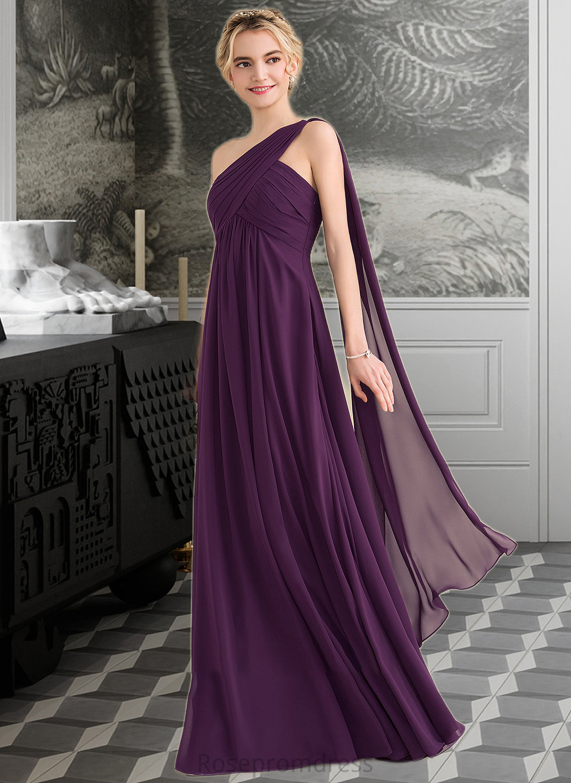 Florence A-line One Shoulder Floor-Length Chiffon Bridesmaid Dress With Ruffle SRSP0013078