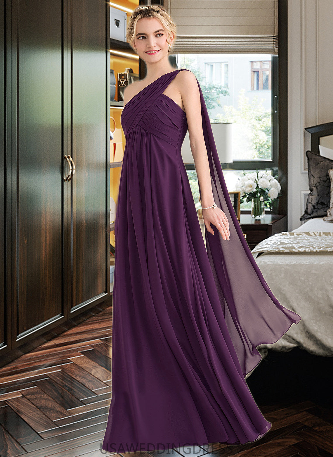 Lila A-line One Shoulder Floor-Length Chiffon Bridesmaid Dress With Ruffle DSP0013078