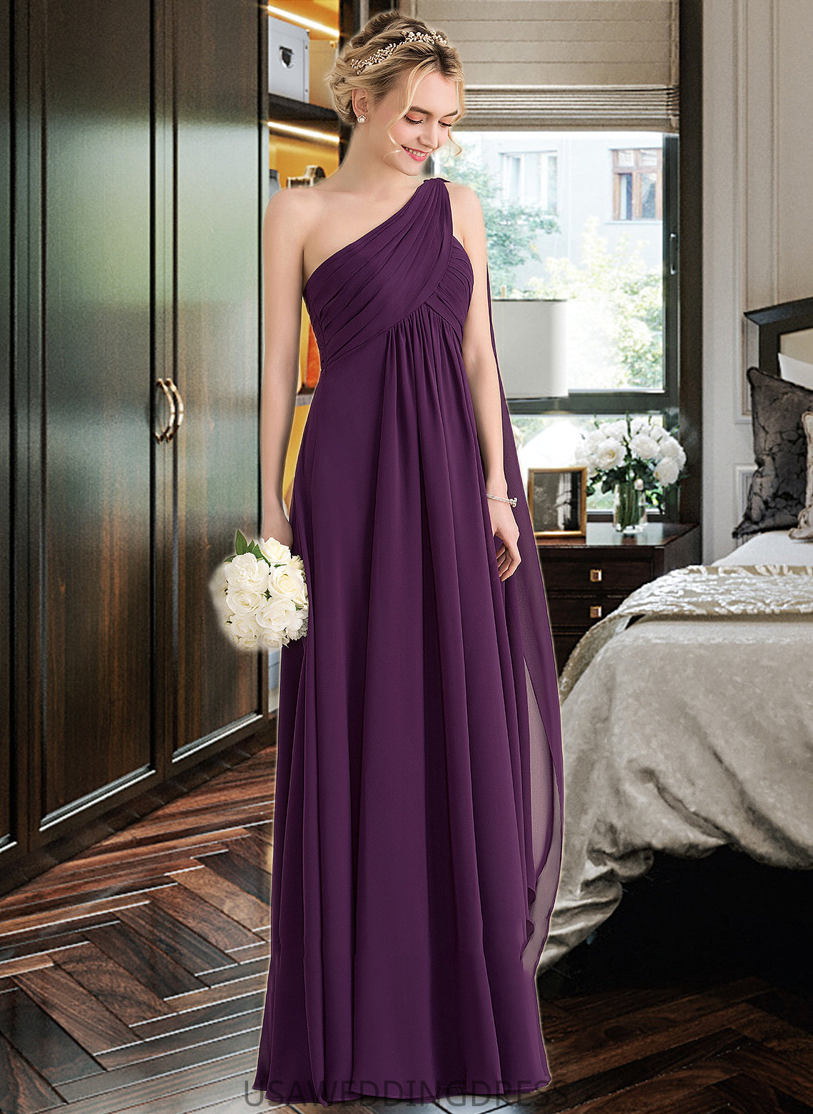Lila A-line One Shoulder Floor-Length Chiffon Bridesmaid Dress With Ruffle DSP0013078