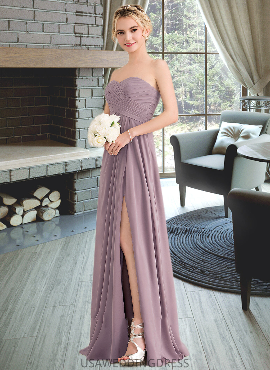 Ashley A-Line Sweetheart Floor-Length Chiffon Bridesmaid Dress With Ruffle Split Front DSP0013079