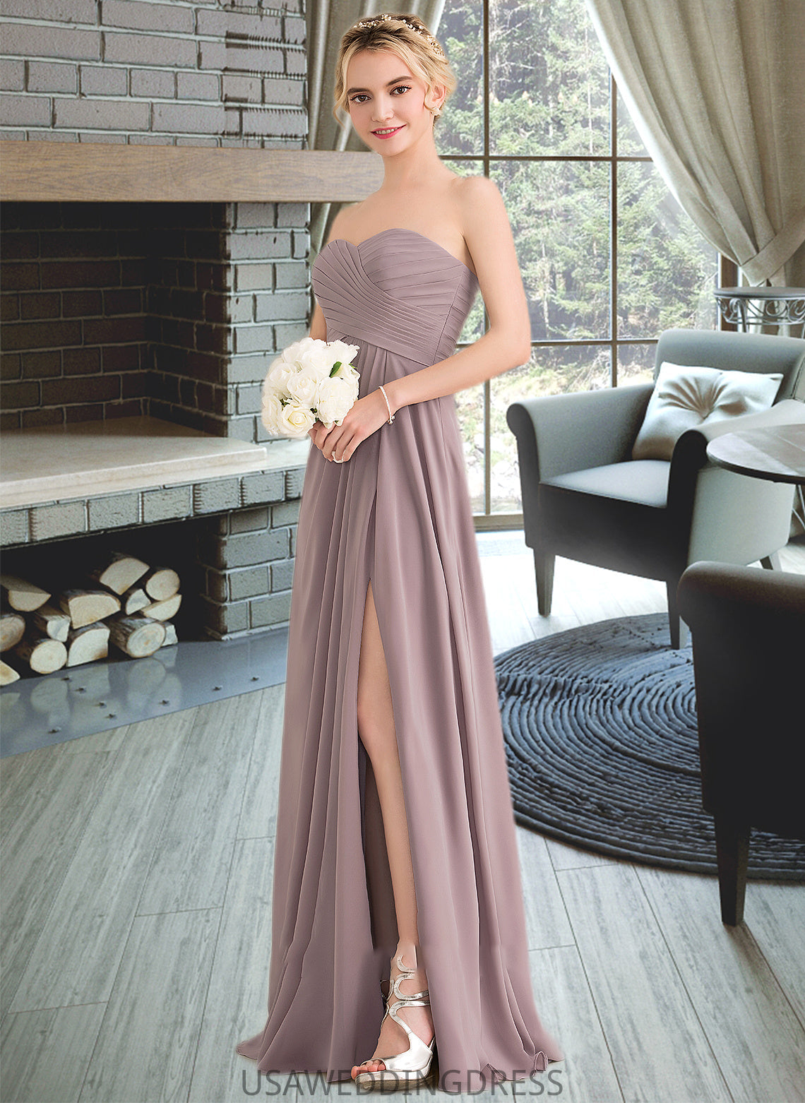 Ashley A-Line Sweetheart Floor-Length Chiffon Bridesmaid Dress With Ruffle Split Front DSP0013079