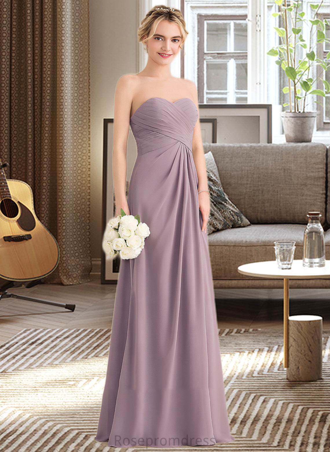Gianna A-Line Sweetheart Floor-Length Chiffon Bridesmaid Dress With Ruffle Split Front SRSP0013079