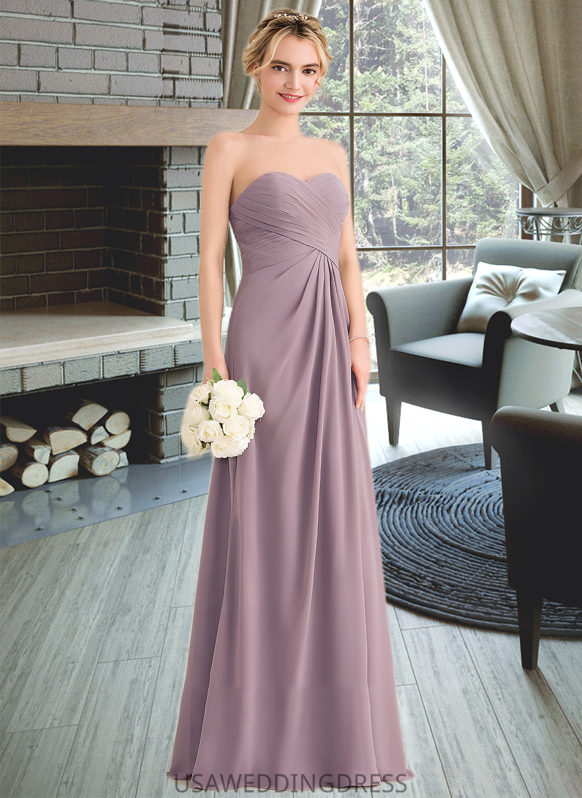 Ashley A-Line Sweetheart Floor-Length Chiffon Bridesmaid Dress With Ruffle Split Front DSP0013079