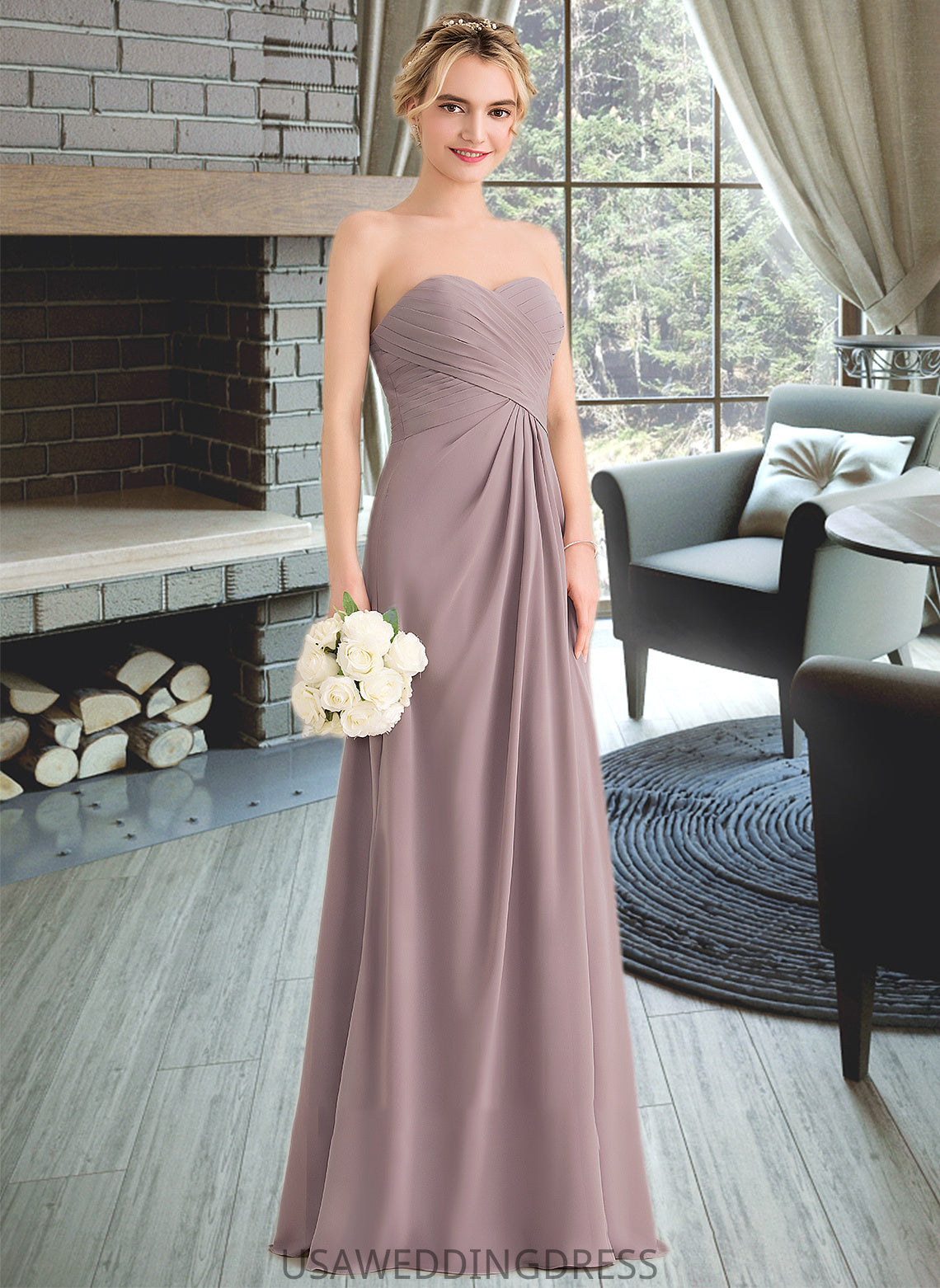 Ashley A-Line Sweetheart Floor-Length Chiffon Bridesmaid Dress With Ruffle Split Front DSP0013079