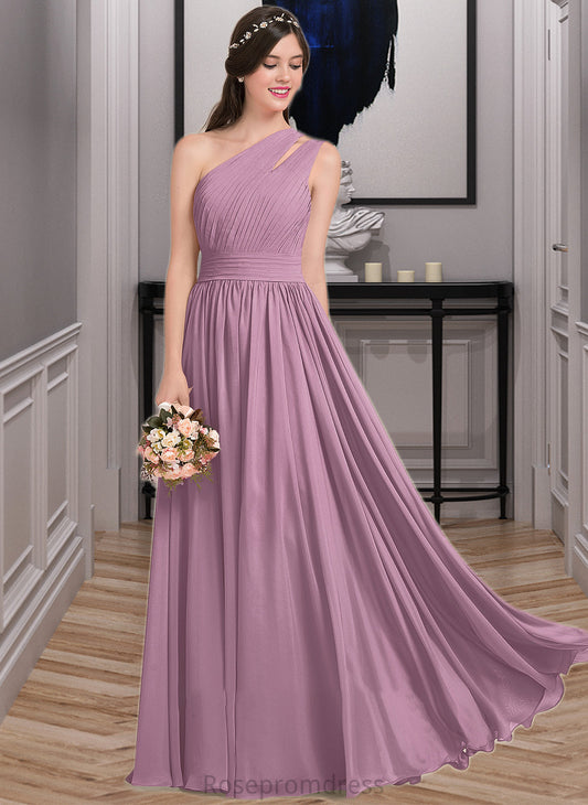 Izabelle A-line One Shoulder Floor-Length Chiffon Bridesmaid Dress With Ruffle SRSP0013080
