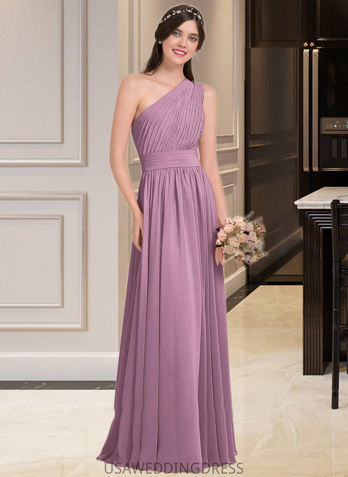 Kaleigh A-line One Shoulder Floor-Length Chiffon Bridesmaid Dress With Ruffle DSP0013080