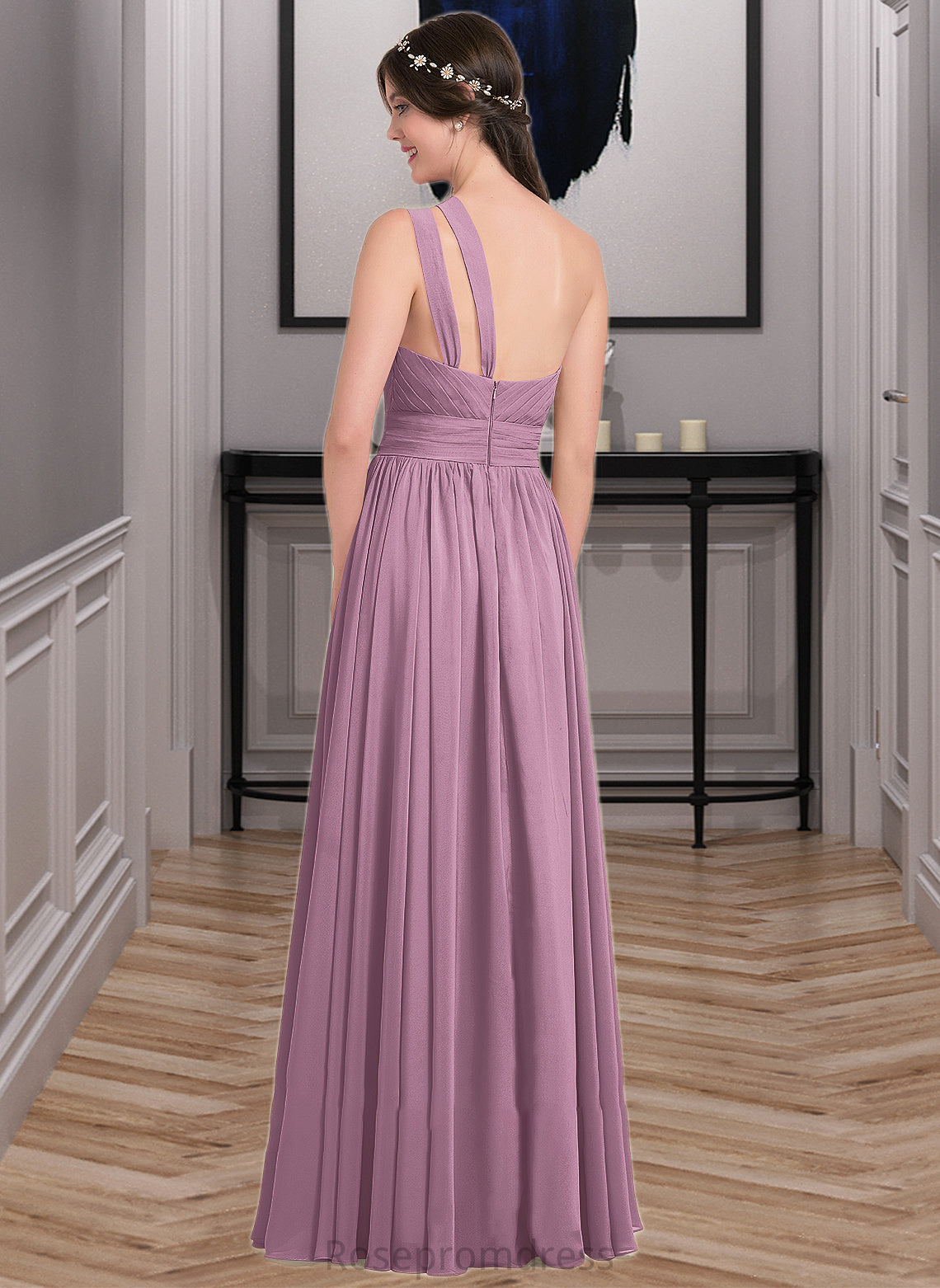 Izabelle A-line One Shoulder Floor-Length Chiffon Bridesmaid Dress With Ruffle SRSP0013080