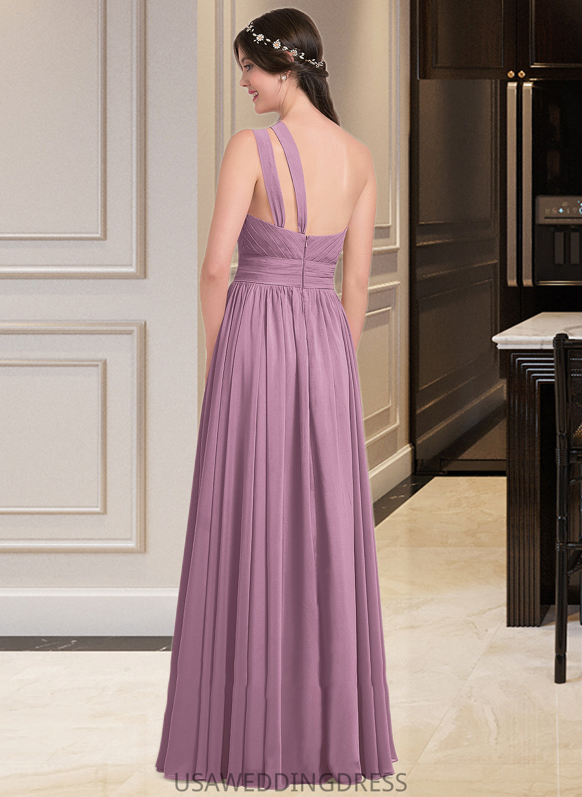 Kaleigh A-line One Shoulder Floor-Length Chiffon Bridesmaid Dress With Ruffle DSP0013080
