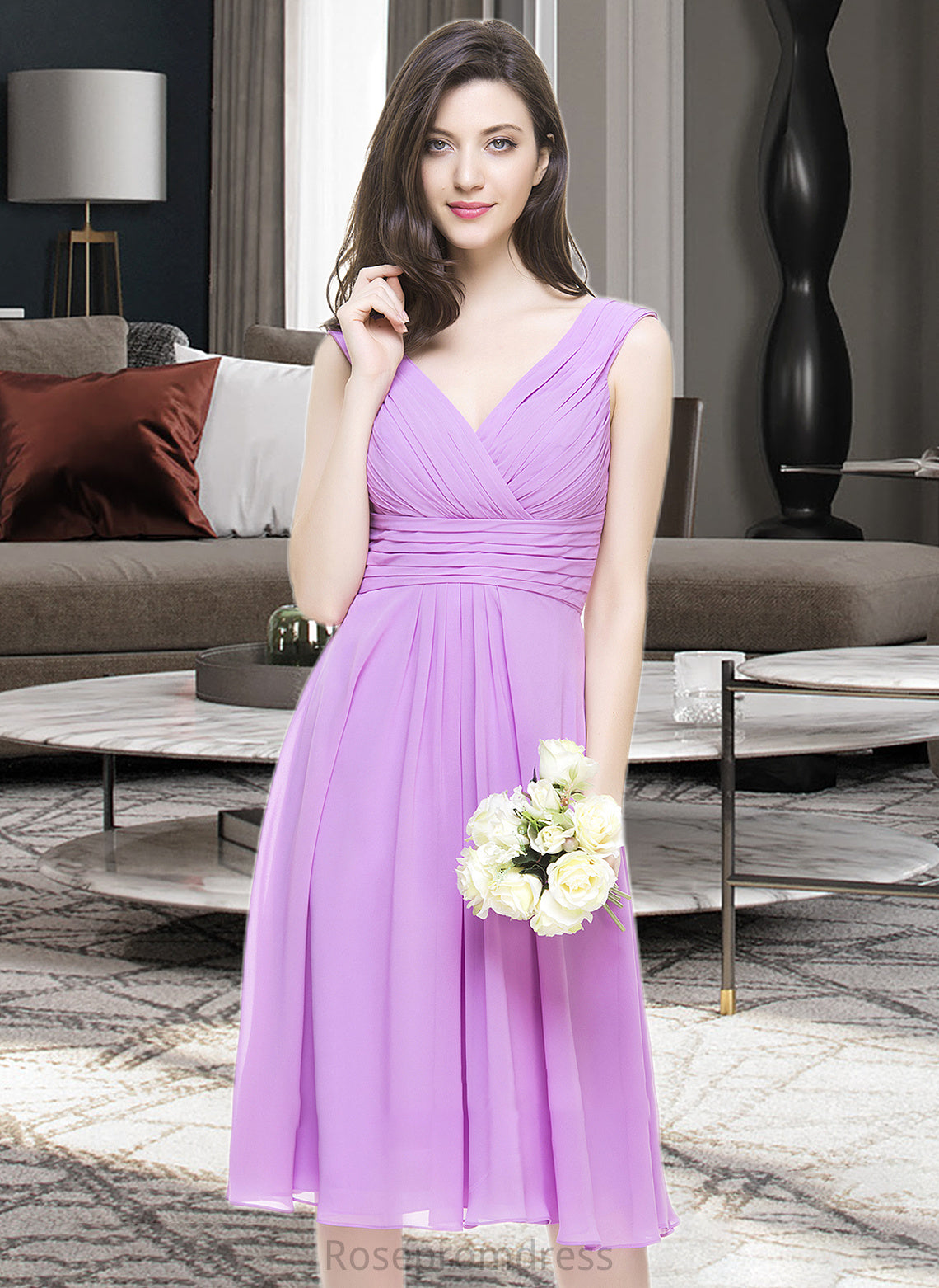 Marianna A-Line V-neck Knee-Length Chiffon Bridesmaid Dress With Ruffle SRSP0013081