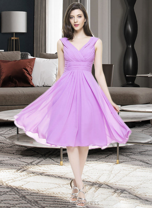 Marianna A-Line V-neck Knee-Length Chiffon Bridesmaid Dress With Ruffle SRSP0013081
