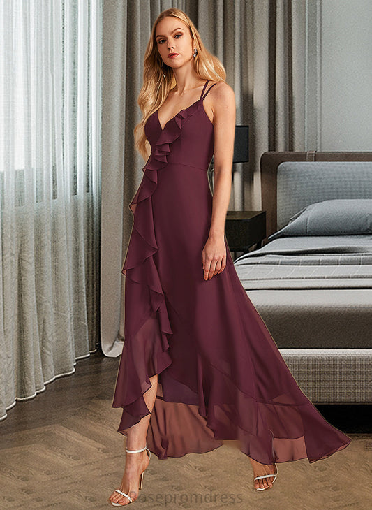 Tara A-Line V-neck Asymmetrical Bridesmaid Dress With Ruffle Split Front SRSP0013082